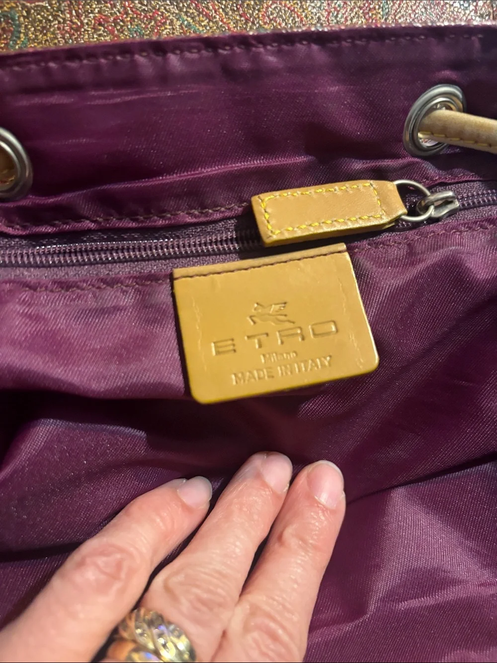Etro Brown Paisley Drawstring Backpack with Tan Trim